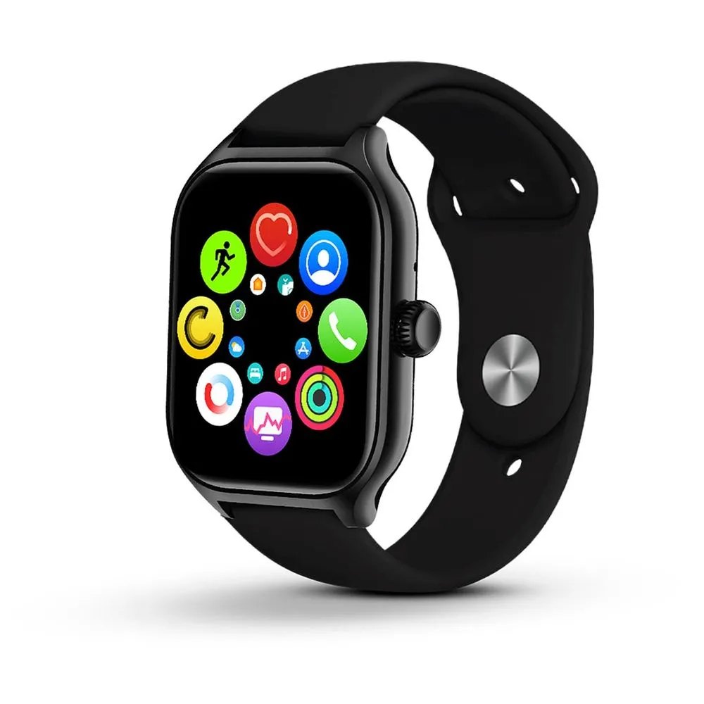 Smartwatch preto com pulseira de silicone e tela quadrada mostrando ícones coloridos de aplicativos